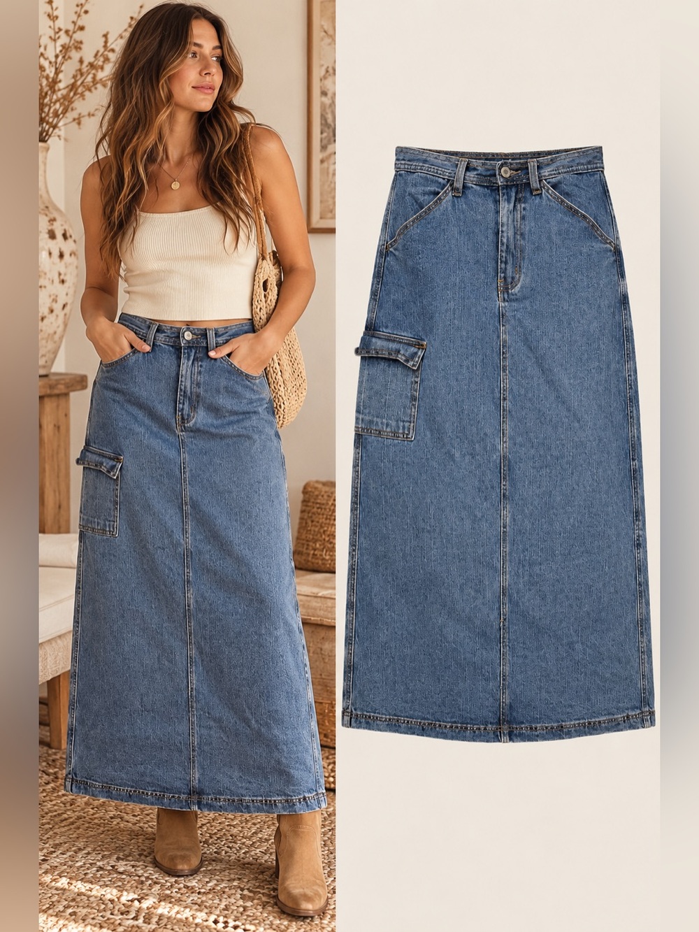 Brand Melville J. Galt Denim Cargo Maxi Skirt Size S Blue Utility